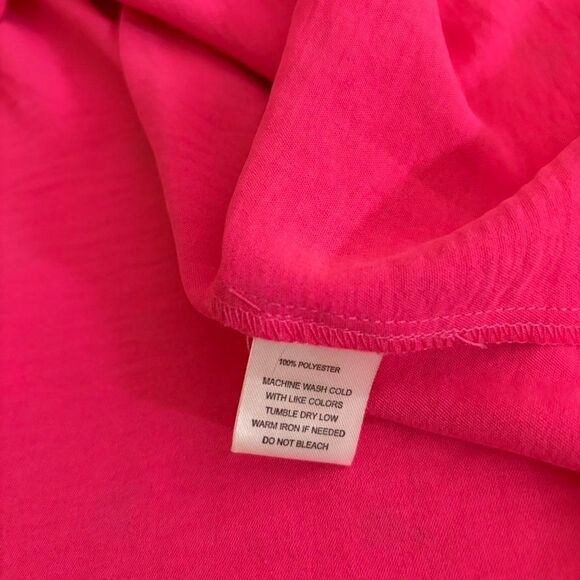 Fyve Blouse Women's Large Neon Pink V-Neck Keyhole Metallic 3/4 Sleeve Flare Top - Picture 8 of 9